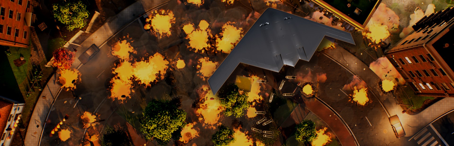 HORDEWALL key art: a B-2 bomber over a burning city